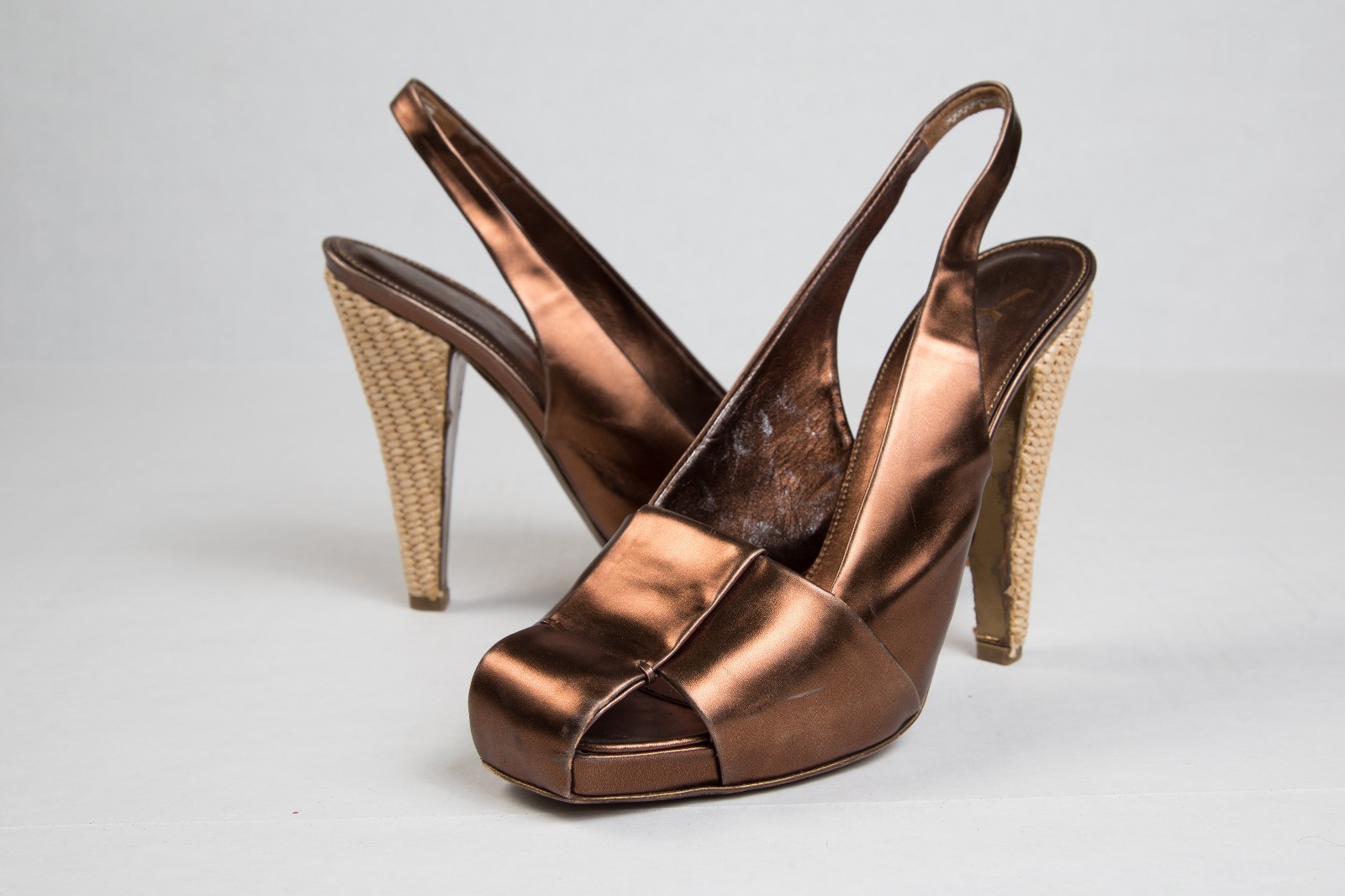 Tacchi alti donna Yves Saint Laurent YSL bronzo tessuto paglia taglia 39 5 US 9 5