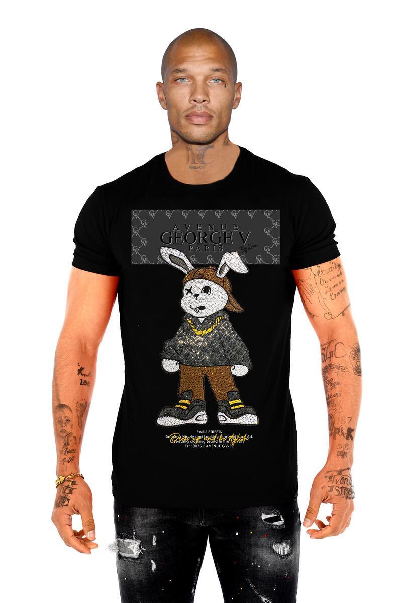 Camiseta Avenue George V Para Hombre Mangas Cortas Negra Estrás Dorado/Plateado Conejo