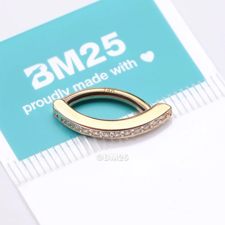 Barra curva minimalista forrada con gemas brillantes de oro de 14 quilates clicker para el vientre Foto 2 de 2