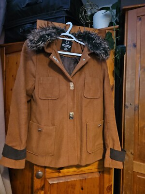 Primark Brown Camel Vintage Style Coat With Detachable Faux Fur Trim Size 14