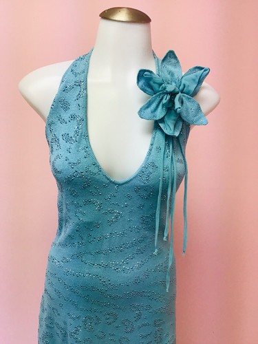 ST JOHN Evening 10 Large Pretty Paillette Blue Knit Designer Womens Halter Dress - Picture 6 of 12