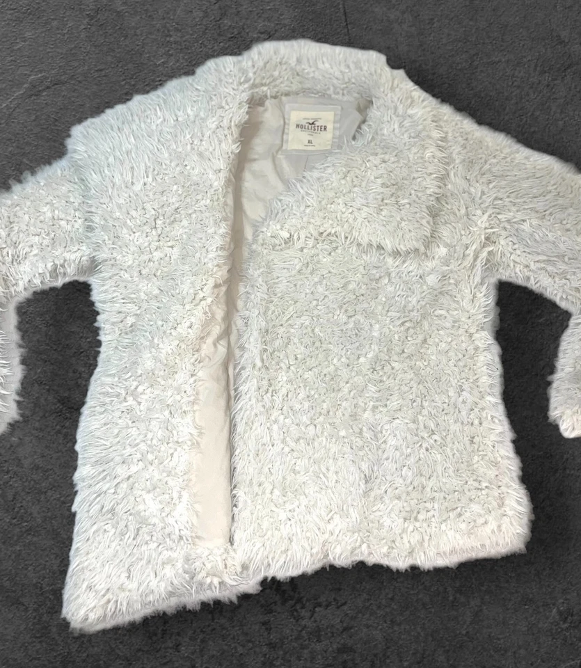 Abrigo Hollister Marfil Blanco Imitación Piel Frente Abierto Falso Difuso Cómodo Talla Grande XL Foto 4 de 4