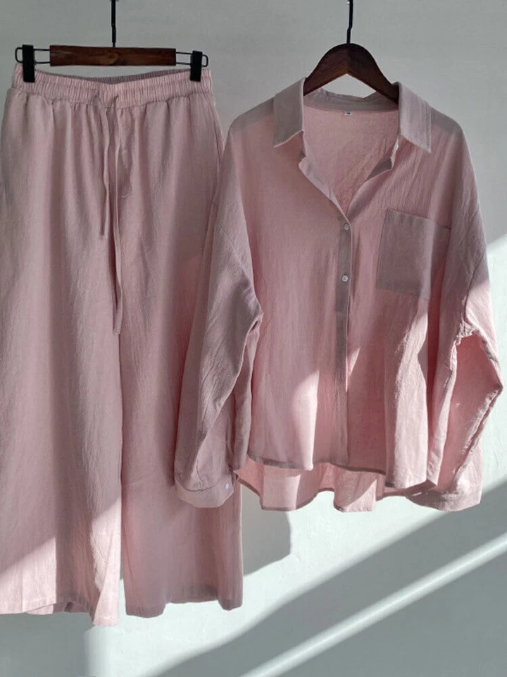 Conjunto de 2 Pantalones Camisa Mujer Verano Lino Manga Larga Camisa Traje Mujer Traje Foto 4 de 4