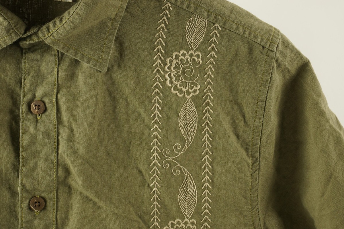 D'URBAN Japan Men's Medium Short Sleeve Green Linen Floral