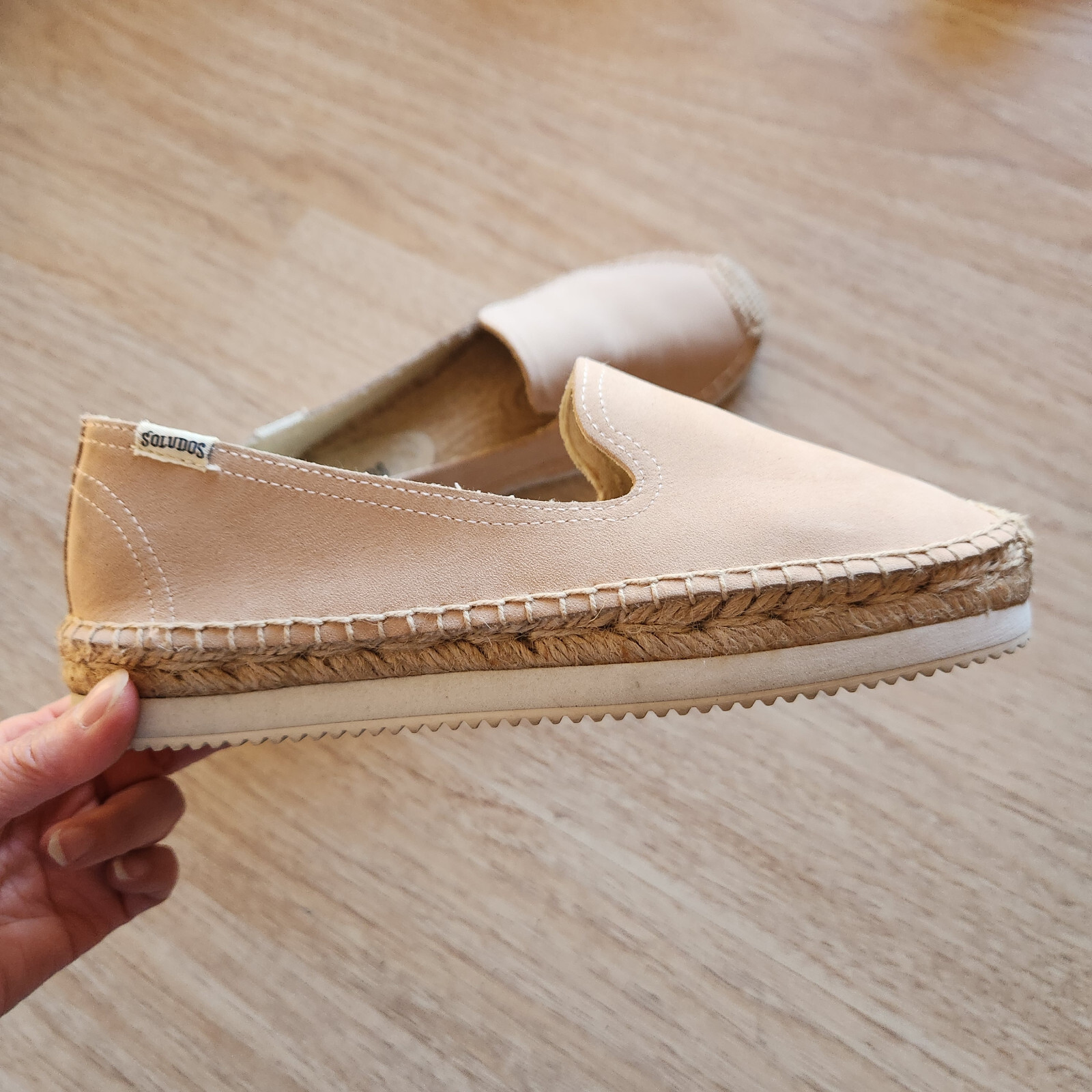 SAOLA Soludos espadrillas in pelle ciabatte da fumo suola mista cappuccio plateau beige US6 5