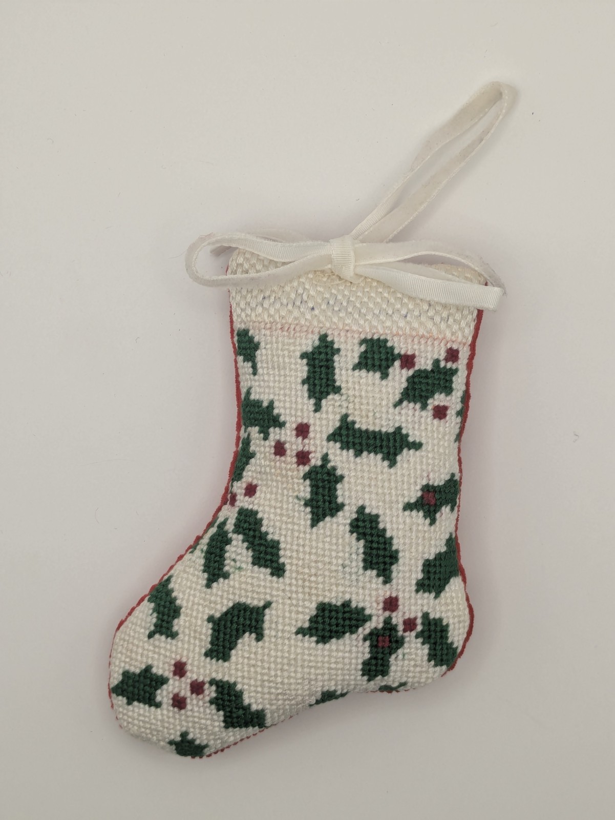 Christmas Mini Stocking Needlepoint Ornament Puffy Holly & Berry 4.5x3.25"