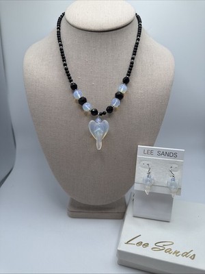 Lee Sands Rainbow Opalite & Black Onyx Angel Necklace & Dangle Earrings Set New!