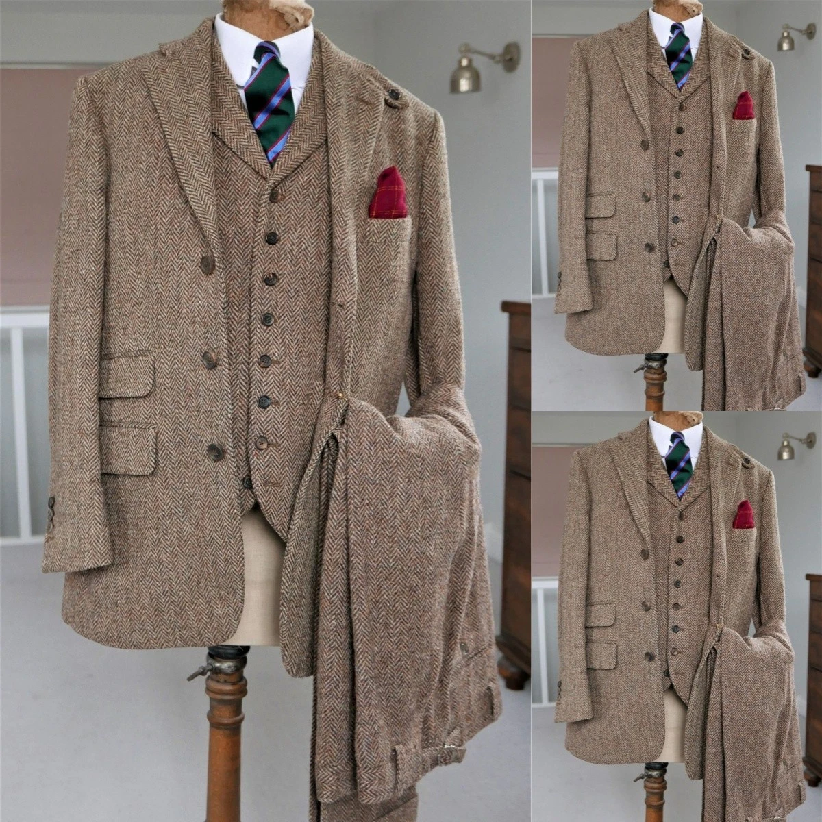 Vintage Men's Suits Tweed Wool Blend Coat 3Pcs Herringbone Blazer Party Tuxedos