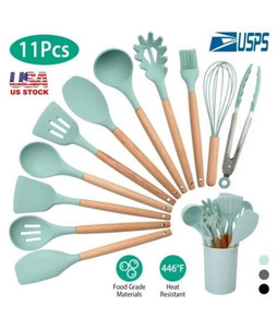 11-Piece Green Silicone Utensil Set w/ Wood Handles, Heat Resistant 446°F