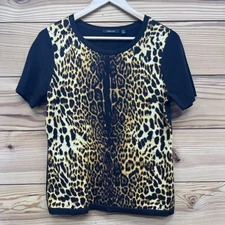 Carlisle Sweater Shirt Medium Black Gold Animal Print 100% Wool Boxy B147