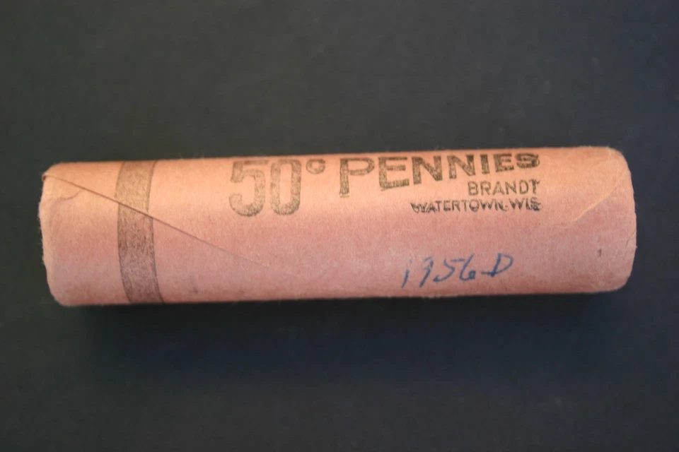 1956 D LINCOLN CENT ORIGINAL BANK WRAP ROLL Brandt OBW PENNY ROLL - Image 3 of 4