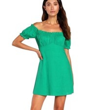 Lulu's Radiant Realness Kelly Green Off-The-Shoulder Linen Babydoll Dress Size S