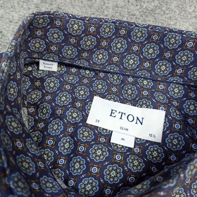 Eton Hommes Floral Shirt Taille M 39 15.5 Coupe Slim Bleu Bouton-Up Géométrique - Photo 1/4