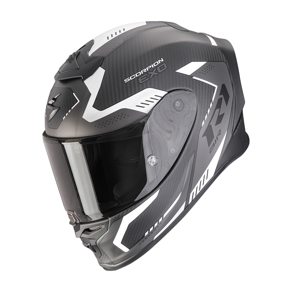 Casque moto SCORPION EXO-R1 EVO CARBON AIR PROPEL noir mat argent haut de gamme en carbone