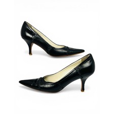Vintage Prada Black Leather Pointed Toe Kitten Heel Pumps Cross-Stitch 35.5