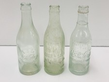 LOT OF 3: ATQ COCA-COLA GREEN EMB SODA BOTTLES (CAMDEN,ARK/MO/TUSCALOOSA, ALA)
