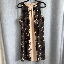 Ann Taylor Sheath Dress Womens 12 Tan Black Abstract Brushstroke Floral Pleated