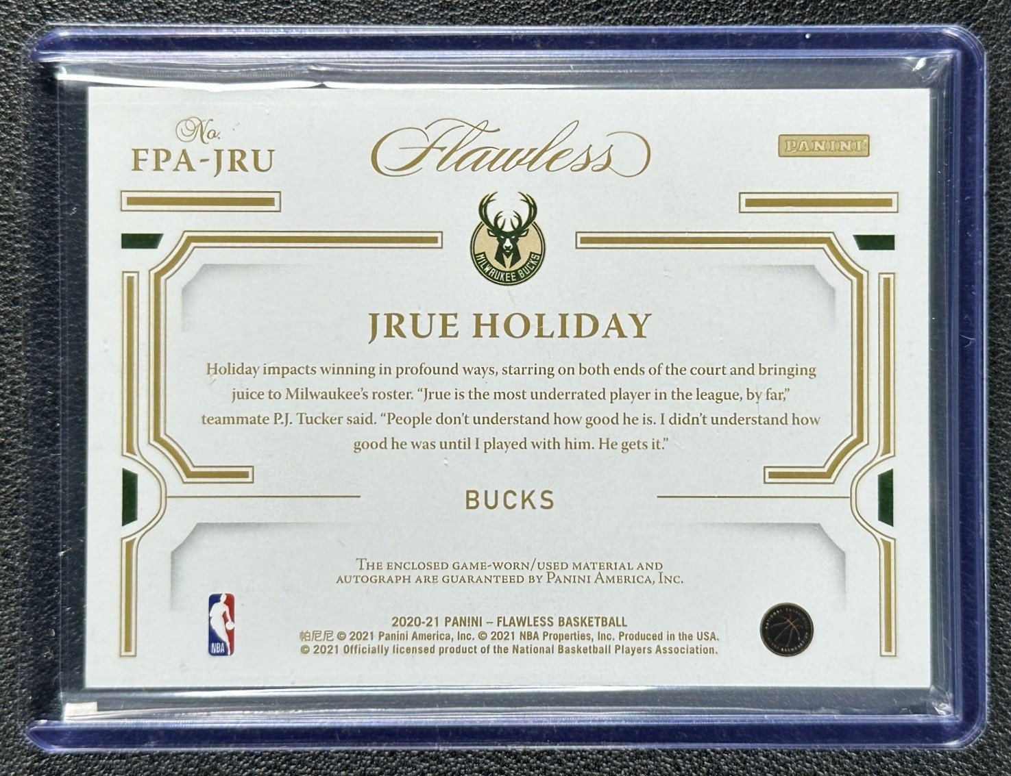 JRUE HOLIDAY 2020-21 PANINI FLAWLESS GAME-USED PATCH AUTO GOLD 3/10 BUCKS view 2
