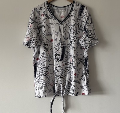Ulla Popkin White Top Sz 16/18 V-neck Front Knot Abstract Graffiti Print NO SIZE