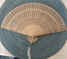 Japanese Vintage 19980s Hand Carved Wood Bamboo Folding Hand Fan