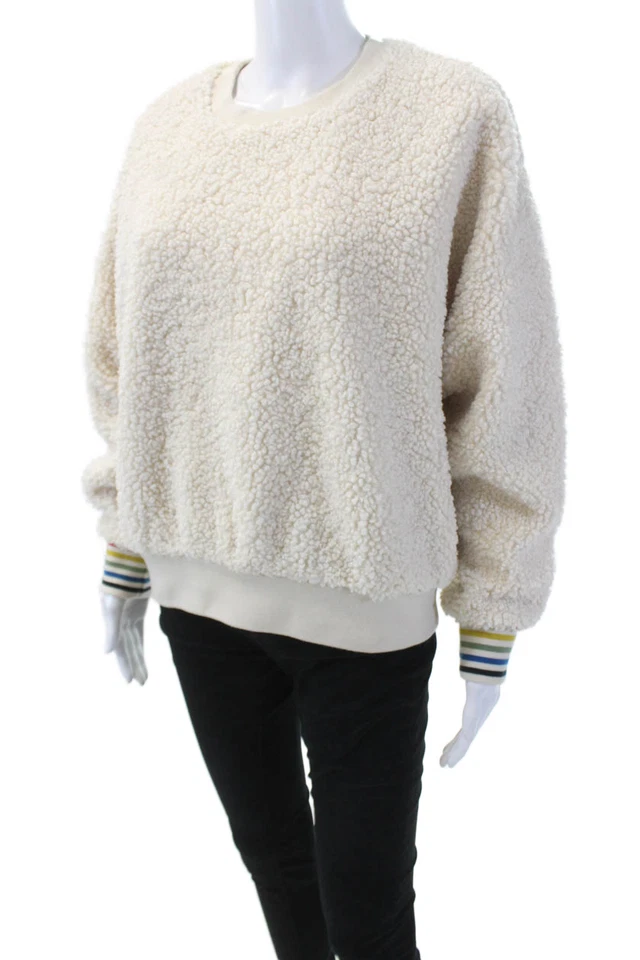 Sudadera de peluche Sundry para mujer manga larga ribete a rayas cuello redondo blanca talla 1 Foto 2 de 4