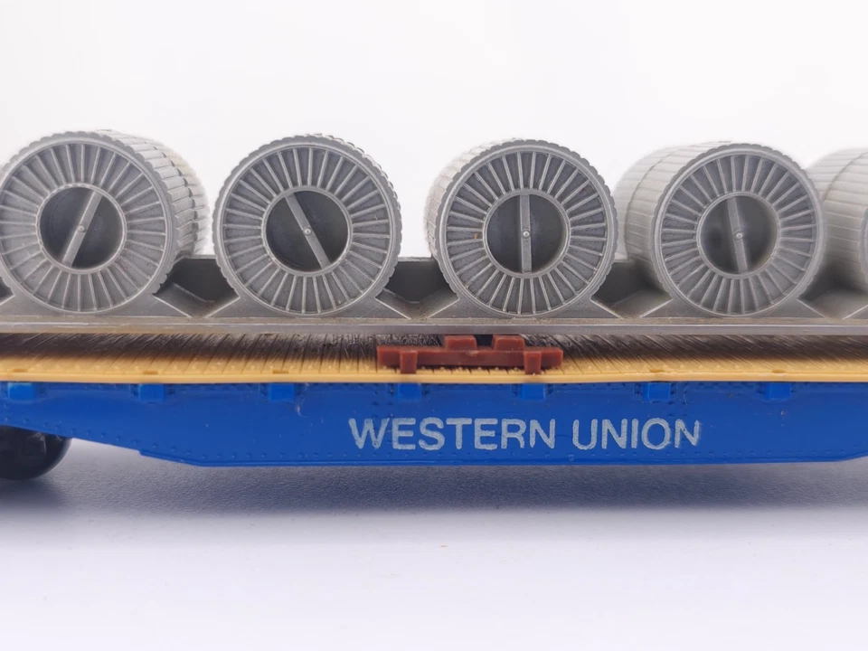 *READ* Tyco HO Scale Western Union Flat Car with Coil Load Model Train Car Blue - Image 3 of 4