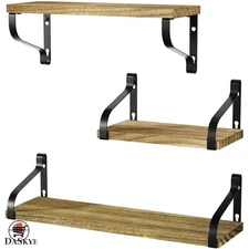 Set of 3 Rustic Wood Wall Shelves in Carbonized Black - Stylish Storage Solution