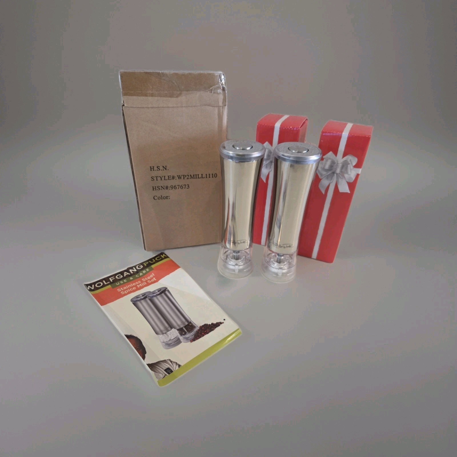 NEW Wolfgang Puck Battery Operated Spice Mills Set Stainless Pepper Salt 