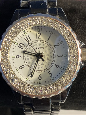 Geneva Women's Black 30mm Watch w/ Bling Bezel Black Metal Band