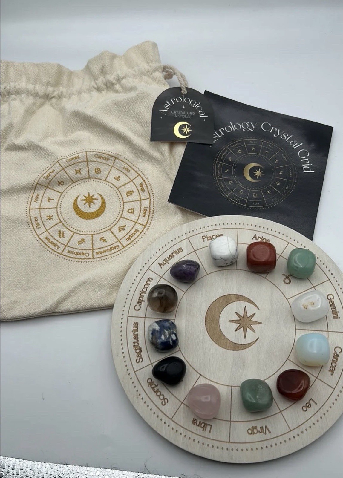 Astrology Wheel Crystal Grid Set | 12 Healing Crystals + Wooden Grid & Guide