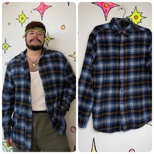 Vintage 90s Blue Plaid Flannel Shirt Cabin Core Layering Grunge Button Down - L