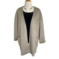 Joan Vaas L tan faux suede open front coat with pockets EUC