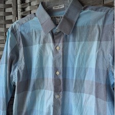 Express Button Up Shirt Blue Plaid Long Sleeve Extra Slim Fit Mens Sz L 16-16.5