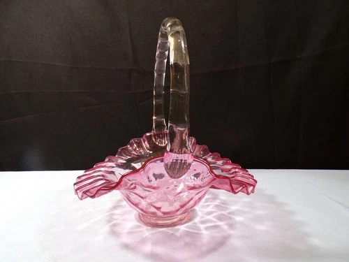 Fenton Cranberry Glass Basket w/ Diamond Optic Design 8" Tall