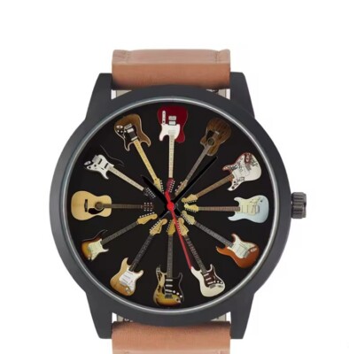 Armbanduhr mit 12 Gitarren auf Ziffernblatt   Musik Uhr für Gitarrenfans