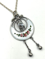 Antique Charles Horner Sterling Silver Pendant Necklace 1920 Floral Enamelled