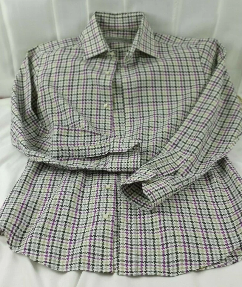 ETRO MILANO ITALY MEN'S PLAID WHITE PURPLE BLACK GREEN LS SHIRT SIZE MEDIUM - Image 4 of 4