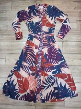 Soul Kathrine Cream Multi Tropical Leaf Print Cotton Tiered Midi Shirt Dress • S