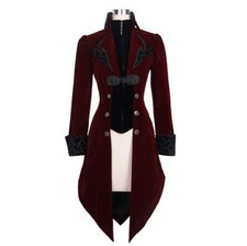 Steampunk Women Gothic Red Velvet Long Tuxedo Coat Jacket Devil Costume Cocktail