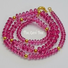 18K Solid Gold Old Stock Rubellite Pink Tourmaline Smooth Rondelle Bead Necklace