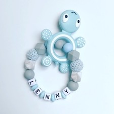 Anneau de Dentition Préhension Hochet avec Noms Nom Désiré en Silicone Bleu Gris