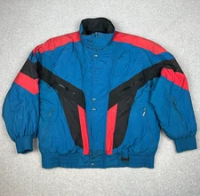 VTG Hot Music Puffer Ski Jacket XXL Teal Red Retro 80s Colorblock Dolman Sleeves