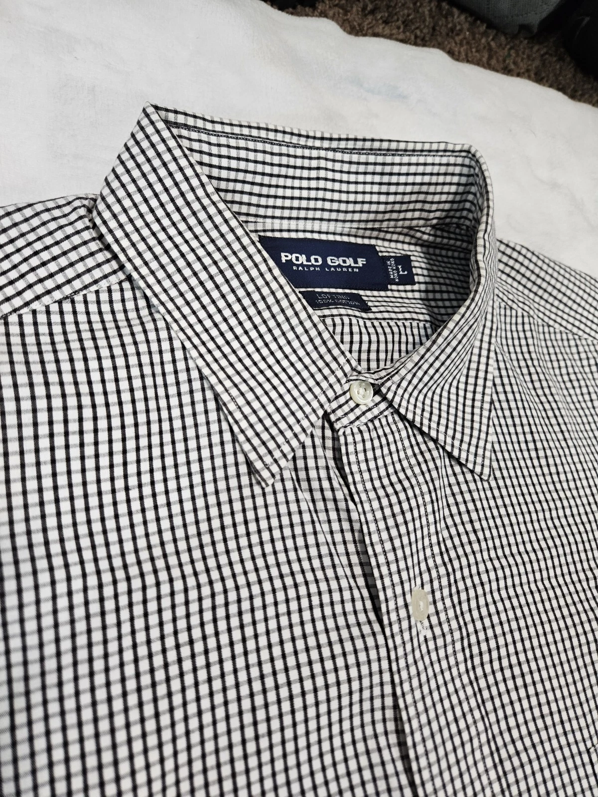 Polo Golf Ralph Lauren Mens Large Black White Gingham 100% Lofting Cotton Button