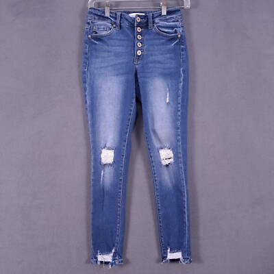 Kancan Jeans Womens Juniors 5 Blue Stretch Denim Skinny Distressed Button Fly