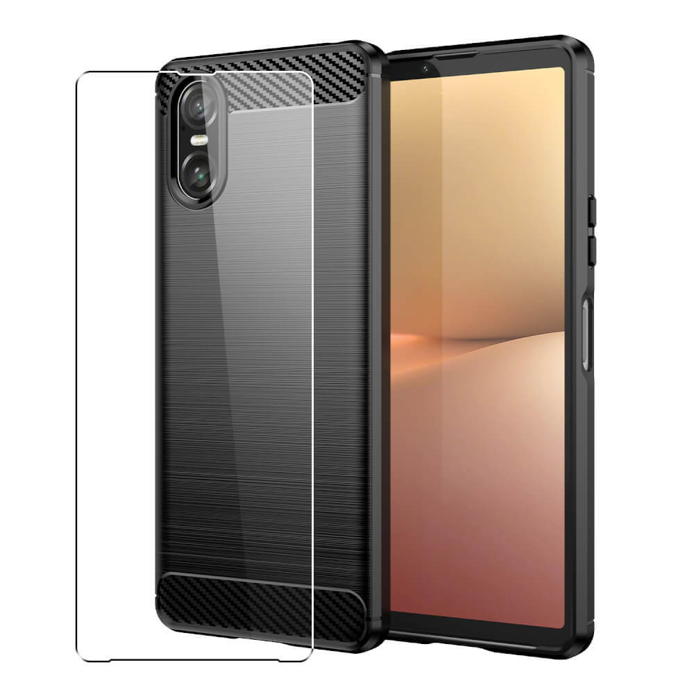 Custodia Carbonio Con Vetro Temperato Per Sony Xperia 10 VI - Cover 360° Protettiva Nera