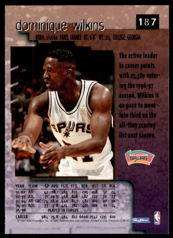 1996-97 SkyBox Premium Dominique Wilkins San Antonio Spurs #187 - Image 2 of 2