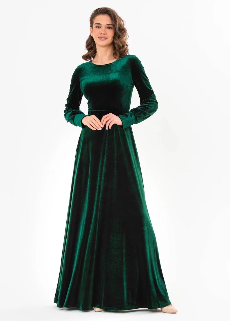 Embroidered Velvet Dress Green main image 1