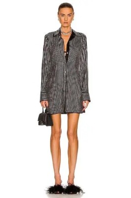 Alexander Wang Slim Silk Shirt Dress w/ Crystal Hotfix