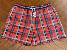 Tommy Hilfiger Swim Trunks Shorts XL Red Plaid Mesh Lining Flower Waist Flaw