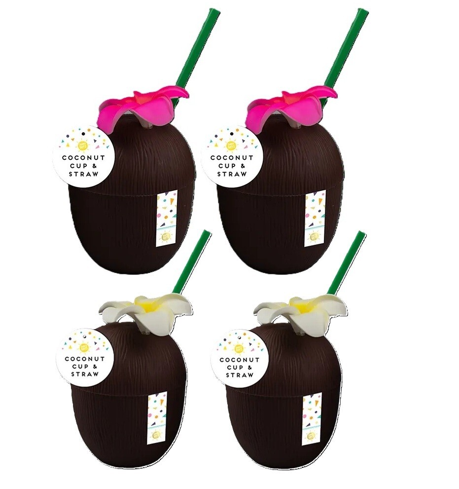 4 Plastic Coconut Cups & Straws Hawaiian Lei Hula Party Cocktail Punch Reusable